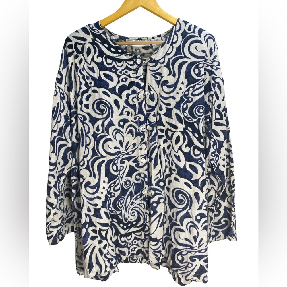 Maggie London Navy & White Button-Up Tunic Top Women’s Size Large‎ 3/4 Sleeve